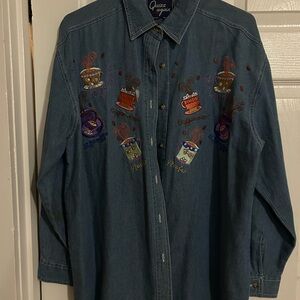 Quizz Again NY Gogo Blue Denim Shirt with Embroidered Coffee Cups